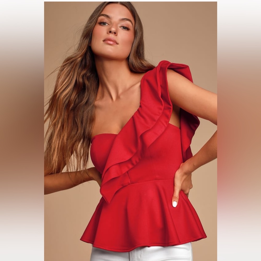 Gas Up Red One-Shoulder Ruffled Peplum Top